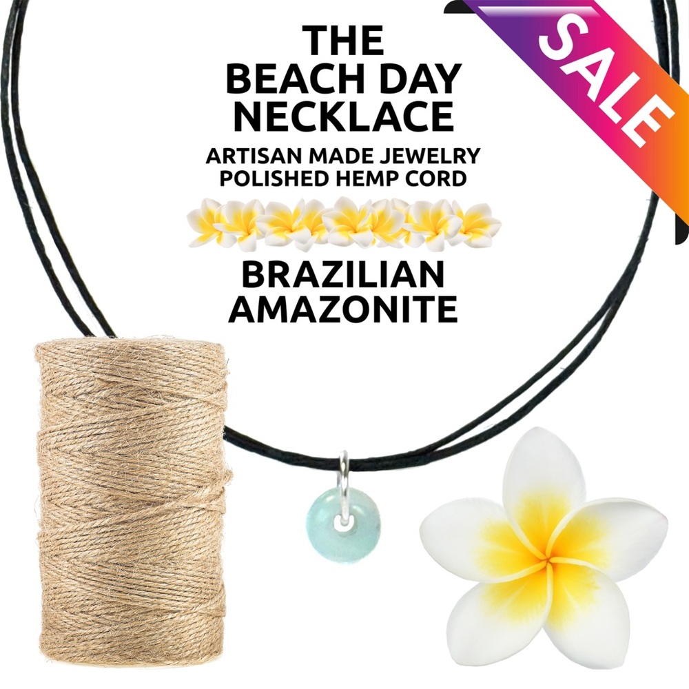 Island Sunset Artisan Beach Day Hemp NecklaceBrazilian Amazonite Roundel Pendant